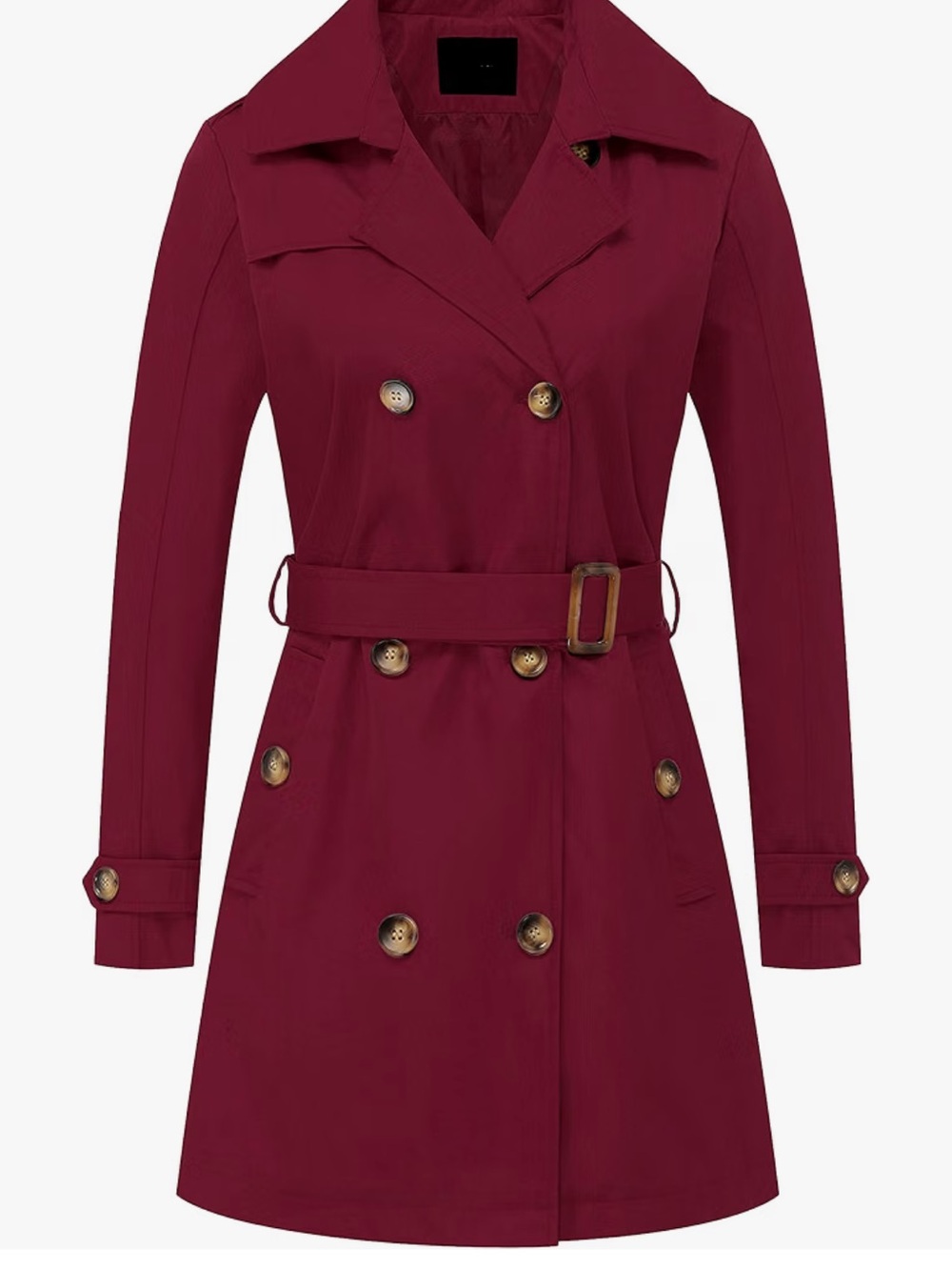 Women's Double-Breasted Belted Trench Coat - Burgundy